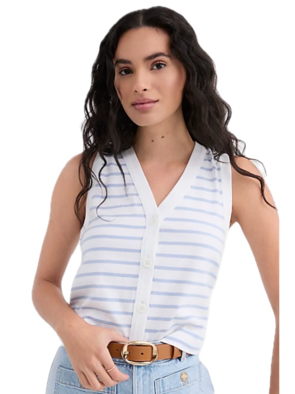 LOFT White & Light Blue Striped Sleeveless Button-Front Top
